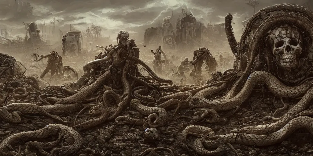 Image similar to snakes crawling from skulls in apocalyptic wasteland, depressing, morbid, surreal, 4 k, digital art, concept art, trending on artstation, highly detailed, epic composition