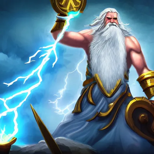 Image similar to zeus with white beard and hair, lightning bolt in zeus's hand, hearthstone art style, epic fantasy style art, fantasy epic digital art, epic fantasy card game art, zoom out