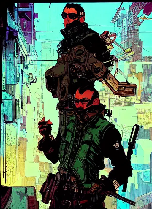 Prompt: hector. cyberpunk mercenary with scenic background. portrait illustration, pop art, splash painting, art by ashley wood, alphonse mucha, laurie greasley and josan gonzales. cinematic. beautiful lighting.