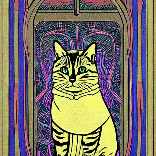 Image similar to an art nouveau cat wearing a hooded cloak, in an elevator with neon panelling, by moebius and james gurney