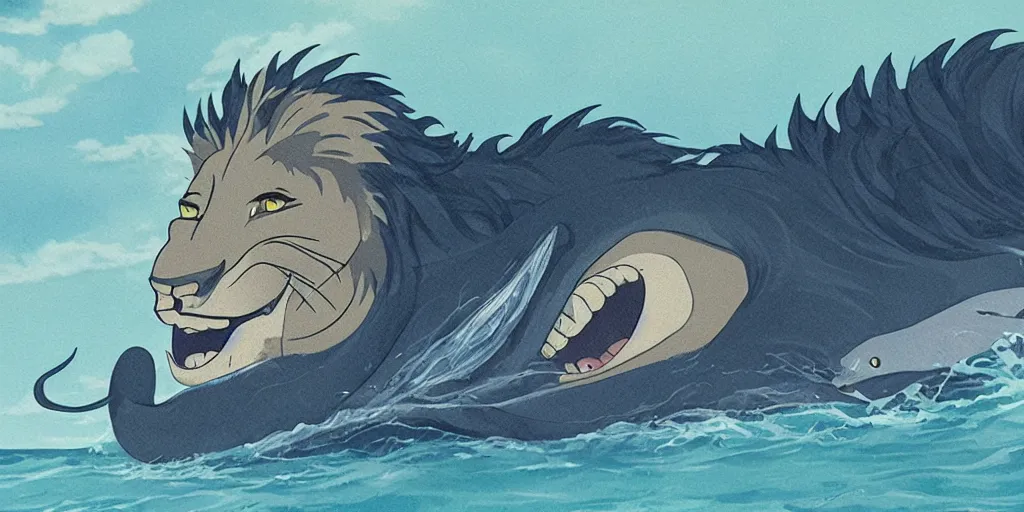 Image similar to close up of a lion hybrid with whale, spirited away