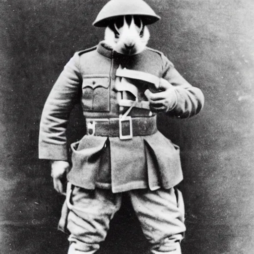 Image similar to a guinea pig wearing a ww1 russian uniform, standing in a trench, black and white photograph, grainy