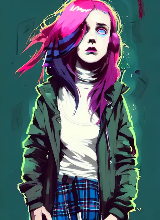 Image similar to highly detailed portrait of a sewer punk lady student, blue eyes, tartan hoody, magenta hair by atey ghailan, by greg rutkowski, by greg tocchini, by james gilleard, by joe fenton, by kaethe butcher, gradient green, black, brown and magenta color scheme, grunge aesthetic!!! ( ( graffiti tag wall background ) )