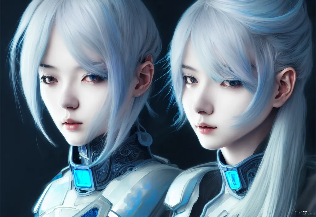 Prompt: portrait grey blue hair of futuristic ploice girl, matt black plus little yellow color armor in future shibuya 1 0 9 japan, ssci - fi and neon light fantasy, intricate and beautiful and elegant, highly detailed, digital painting, artstation, concept art, smooth and sharp focus, illustration, art by tian zi and wlop and alphonse mucha