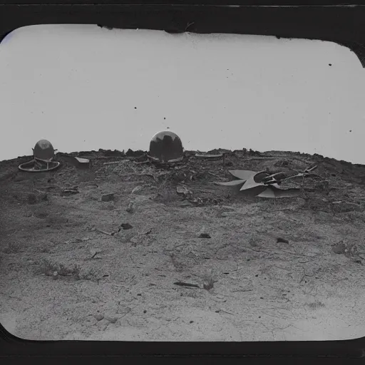 Prompt: tintype, wide view, thundra ufo crash site, team of scientists studying captured alien beings