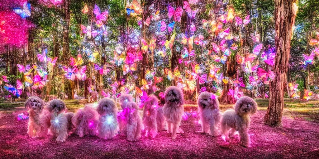 Prompt: professional HDR flambient wide angle bokeh photography of a cute pink glittery magical fairy enchanted forest fantasy butterflies and poodles