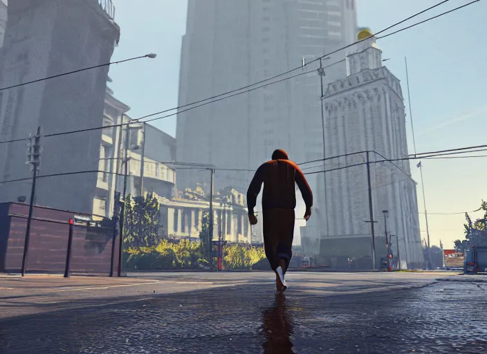 Image similar to cinematic screenshot gta 5, rain, man in adidas tracksuit, churches, buildings, road, moskvich, rtx, volumetric light, 3 d artist, reflections, moscow, soviet apartment buildings, award winning, artstation, intricate details, realistic, hyperdetailed, 8 k resolution