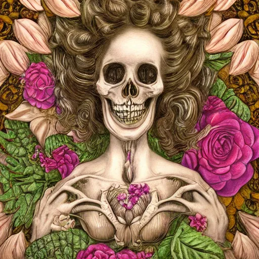 Image similar to a beautiful detailed front view rococo portrait of a rotten woman corpse becoming almost a skull with face muscles, veins, arteries, fractal plants and fractal flowers and mushrooms growing around, intricate, ornate, volumetric light, beautiful lit, beetlejuice