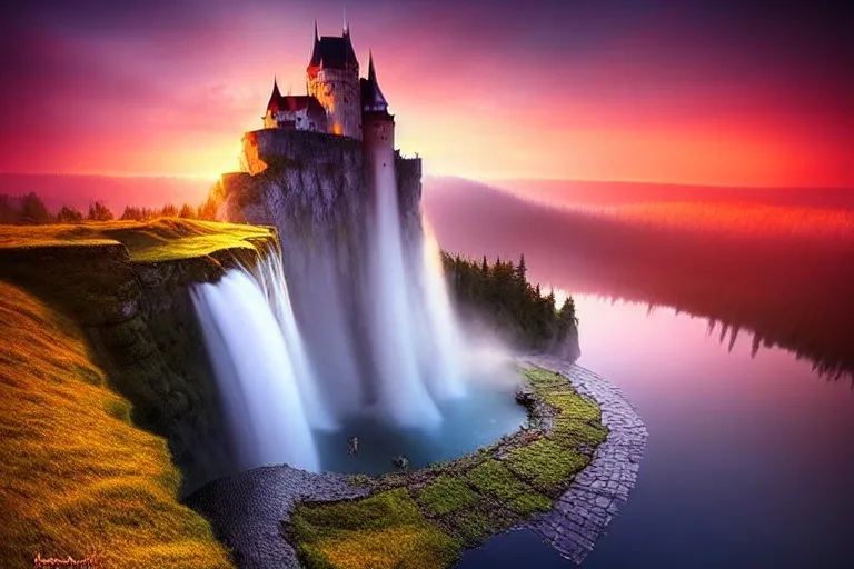 Prompt: Gediminas Pranckevicius amazing landscape photo of mountains with lake and castle on top of a waterfall at infinite view at sunset by marc adamus beautiful dramatic lighting,