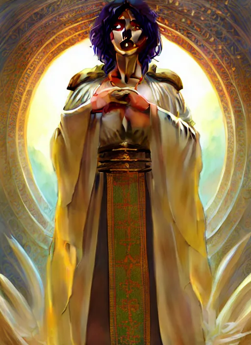 Image similar to portrait of a full body of curvy young female solarpunk priestess in byzantine robes, fantasy, flat lighting, intricate, highly detailed, digital painting, artstation, concept art, smooth, sharp focus, illustration, art by simon bisley and greg rutkowski and boris vallejo and alphonse mucha, natural tpose