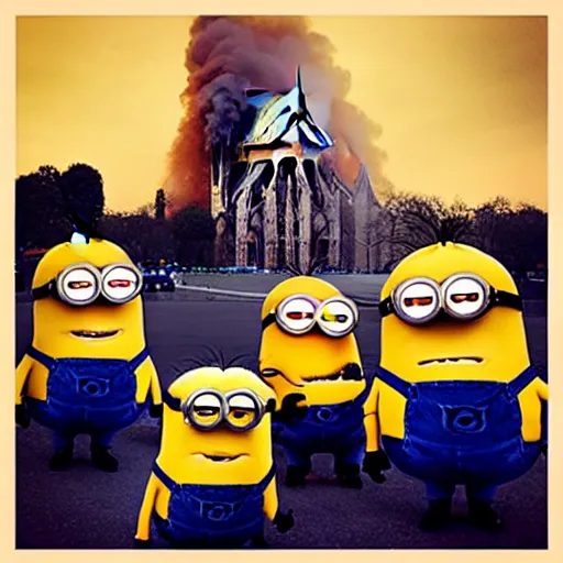 Image similar to “minions laughing as the Notre dame burns behind them”