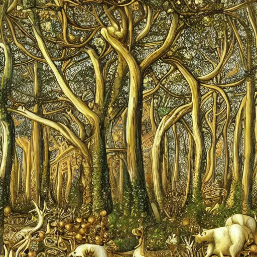 Prompt: a beautiful forest made of ivory and gold, highly intricate, digital art, very detailed, in the style of a flemish painting