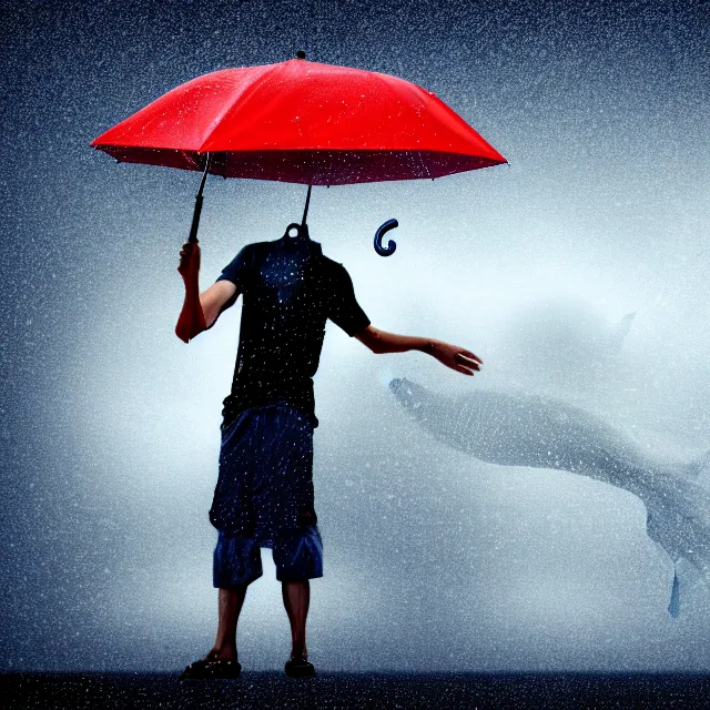 Prompt: crosseyed giant fish with human legs and arms holding an umbrella while it rains, 4 k