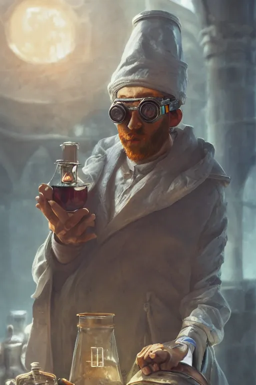 Image similar to An Alchemist inspecting a potion in his hand with goggles on by Greg Rutkowski, 4k photorealistic, volumetric lighting, HD, high details, dramatic, trending on artstation