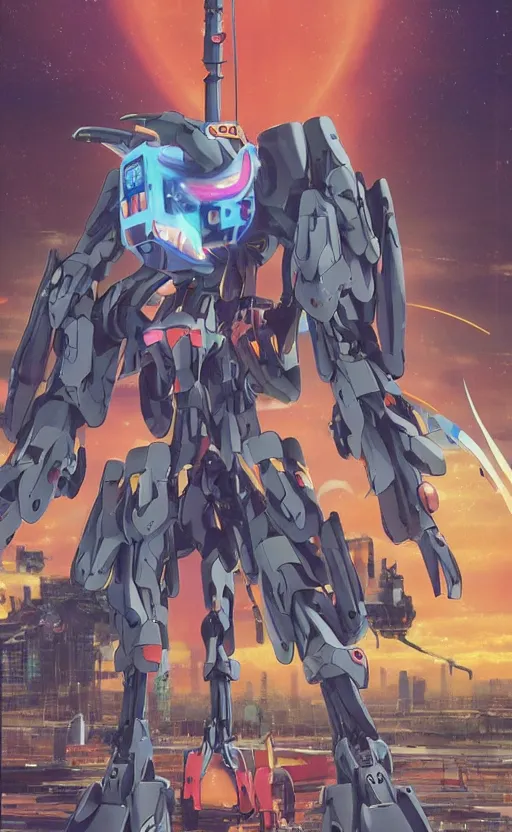 Image similar to < 3 d huge mecha > in the style of < neon genesis evangelion > with a < mechanical guitar > in hand, movie poster, < full body robot >, 3 d anime, arcane style, retropunk, steampunk, high resolution, 4 k, retrofuturism, studio ghibli, simon stalenhag