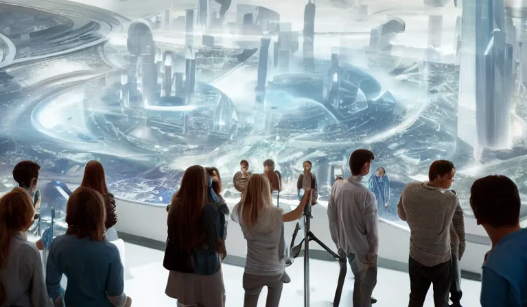 Image similar to crowd of people in simple white museum, looking at hologram of futuristic city on a circular table, cinematic concept art, godrays, golden hour, natural sunlight, 4 k, clear details, tabletop model buildings, center model buildings, hologram center, crane shot, crane shot, crane shot, white walls