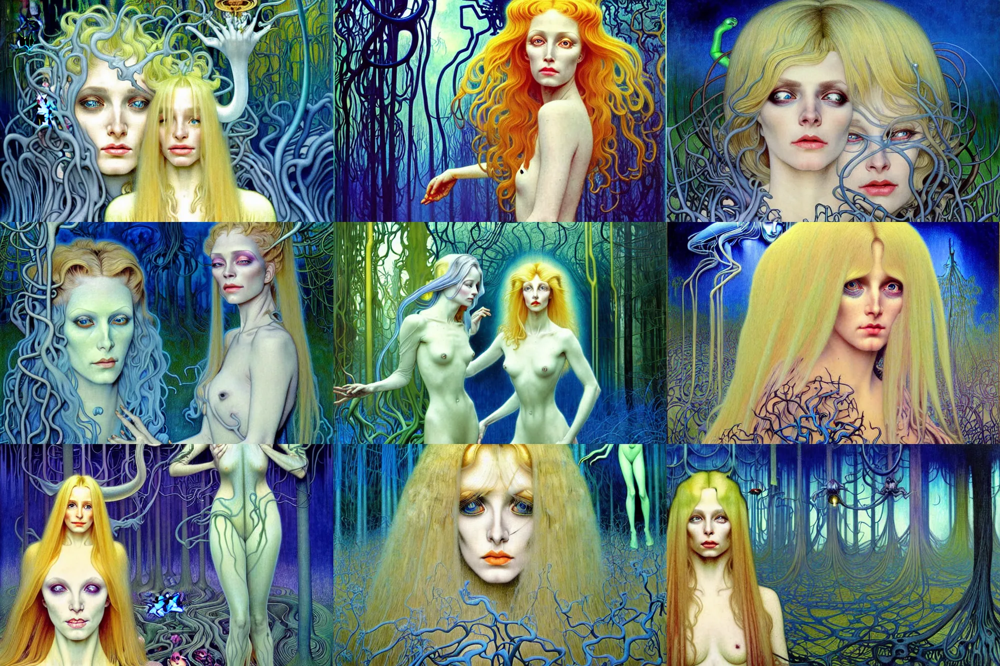 Prompt: realistic detailed portrait painting of a beautiful ghost woman with blond hair with an alien, futuristic sci-fi forest on background by Jean Delville, Amano, Yves Tanguy, Alphonse Mucha, Edward Robert Hughes, Roger Dean, rich moody colours, blue eyes