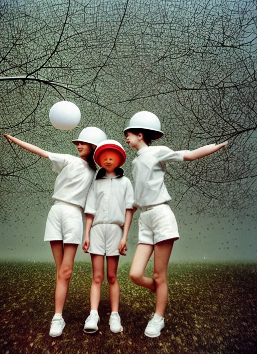 Prompt: realistic photo portrait of a a two scientist girls dressed in white shorts, dressed in plastic spherical helmets hat, looking at white tree branches in a grey sky, flying particles aura electricity, 1 9 9 0, life magazine photo, natural colors, museum collection, kodak
