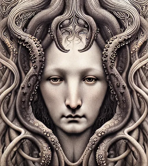 Image similar to detailed realistic beautiful octopus goddess face portrait by jean delville, gustave dore, iris van herpen and marco mazzoni, art forms of nature by ernst haeckel, art nouveau, symbolist, visionary, gothic, neo - gothic, pre - raphaelite, fractal lace, intricate alien botanicals, ai biodiversity, surreality, hyperdetailed ultrasharp octane render