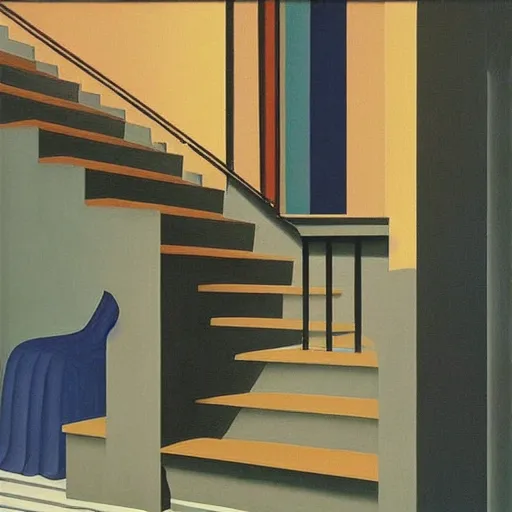 Image similar to “ painting by magritte and jeffrey smart, featuring stairs ”