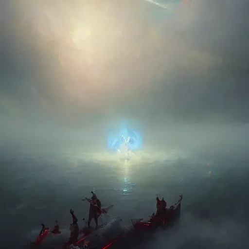 Image similar to ''cinematic shot'' devil fighting god clouds rainny foggy magical particles floating realistic atmosferic made by ivan aivazovsky, peter mohrbacher, greg rutkowski volumetric light effect broad light oil painting painting fantasy art style sci - fi art style realism premium prints available artwork unreal engine