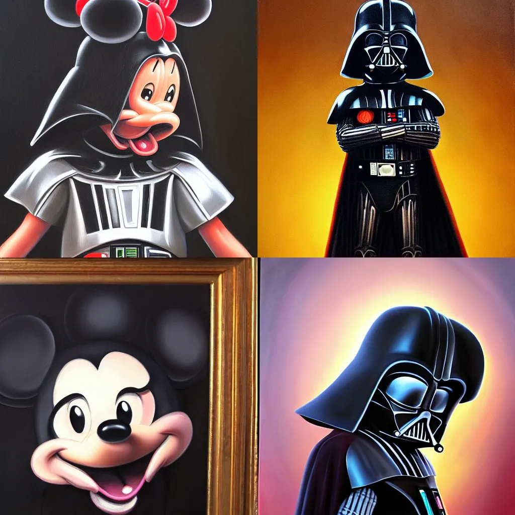 Prompt: The child of Darth Vader and Mickey mouse. Detailed oil painting