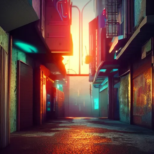 Image similar to ultradetailed 8 k hd octane render of a cyberpunk alleyway at sunset