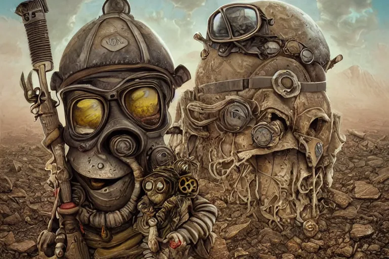 Image similar to a highly detailed forgotten garden gnome wearing goggles and head scarf surviving in a vast barren desert, hopeless wasteland background with a relentless raging sun overhead, post - apocalyptic road warrior vibe, full body, wide angle, an ultrafine detailed painting by joe fenton, trending on deviantart, pop surrealism, whimsical, lowbrow, perfect symmetrical face, sharp focus, octane, masterpiece