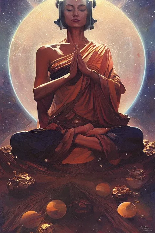 Image similar to space, buddhism, taoism, painting by greg rutkowski, j. c. leyendecker, artgerm