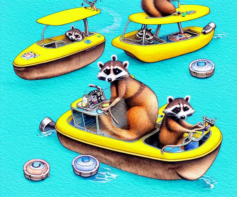 Prompt: cute and funny, racoon driving a tiny pontoon boat with party lights, ratfink style by ed roth, centered award winning watercolor pen illustration, isometric illustration by chihiro iwasaki, edited by craola, tiny details by artgerm and watercolor girl, symmetrically isometrically centered