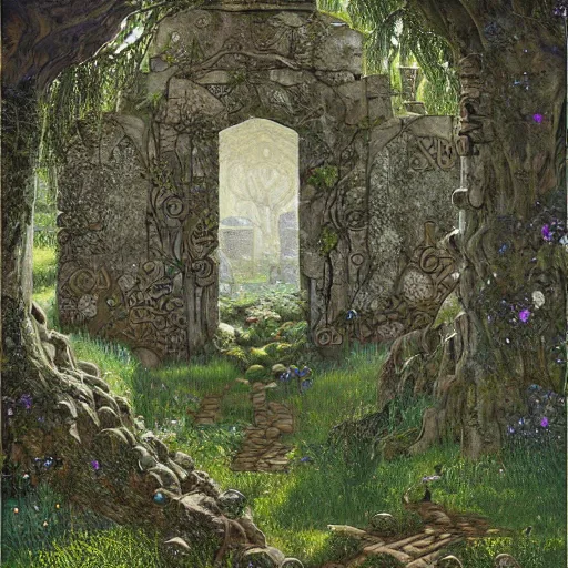 Image similar to ancient overgrown! ruins, medieval gates, runestones, mysetrious etherial mesmerizing runic!! cat eyes, magical elven geometry, concept art by gustav klimt!, deviantart contest winner, environmental art, high detail