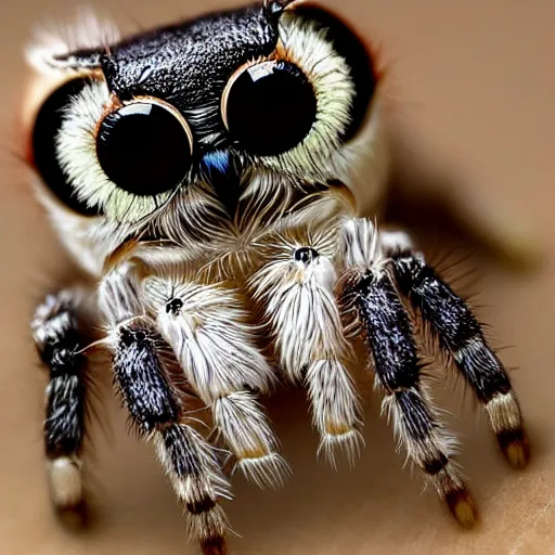Prompt: jumping spider mixed with Owl, hybrid creature, cute, macro lens