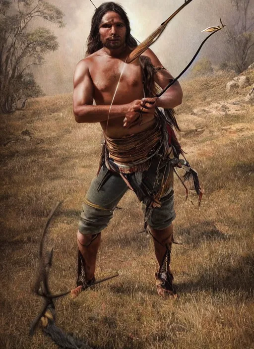 Image similar to portrait painting of a 3 0 year old rugged indigenous aboriginal male, hunting clothing, bow and arrow, long hair, rugged, unreal render cinematic lighting, rutkowski