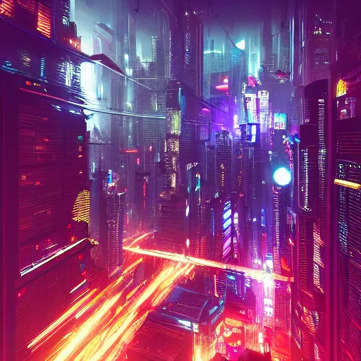 Prompt: cyberpunk city at night from above, neon glow, arstation, chill wave, detailed, maximalism, cluttered, busy, cinematic, cgsociety, smooth, beeply and greg rutkowski,