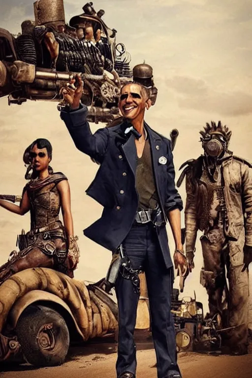 Image similar to steampunk obama in mad max fury road