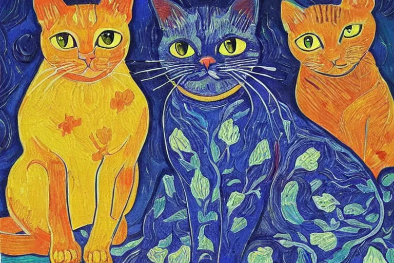 Image similar to beautiful art illustration of a group of cats by laurel burch and van gogh, oil painting, highly detailed