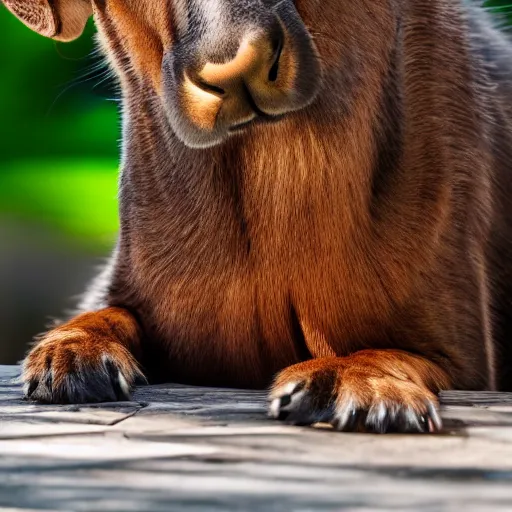 Image similar to a moose cat, sitting on the table, photo taken on a nikon, highly detailed, sharp focus