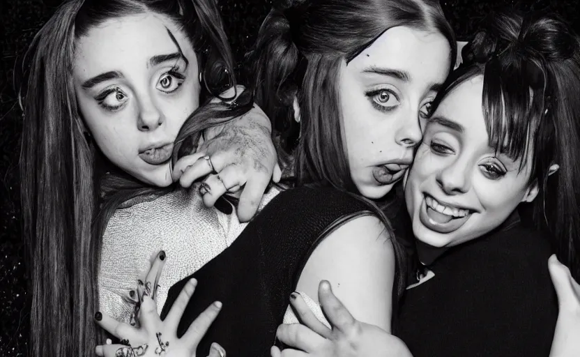 Image similar to ariana grande hugging billie eilish 4k by tim burton caricature