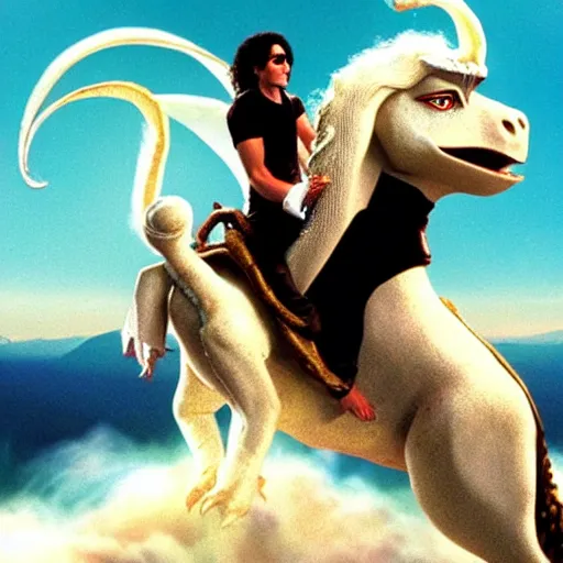 Image similar to Michael Jackson riding on top of Falkor from the film The Neverending Story