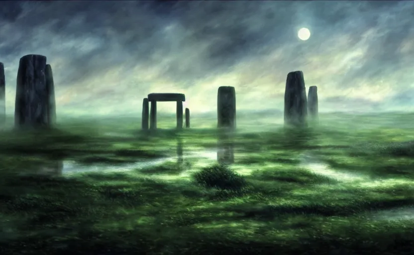 Image similar to a realistic and atmospheric cell - shaded concept art from howl's moving castle ( 2 0 0 4 ) of a futurist sci - fi city and stonehenge in a flooded rainforest. it is a misty starry night. very dull muted colors, hd, 4 k, hq