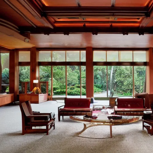 Image similar to A vast beautiful fully stocked living room area in a mansion designed and decorated by Frank Lloyd Wright, sofa, chairs, fireplace, tables,