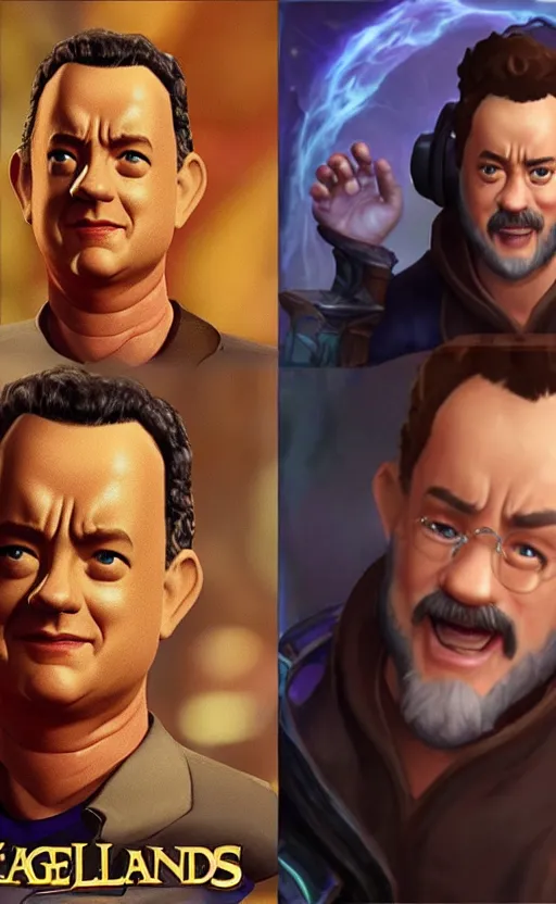 Image similar to Tom Hanks as a character in the game League of Legends, with a background based on the game League of Legends, detailed face, old 3d graphics