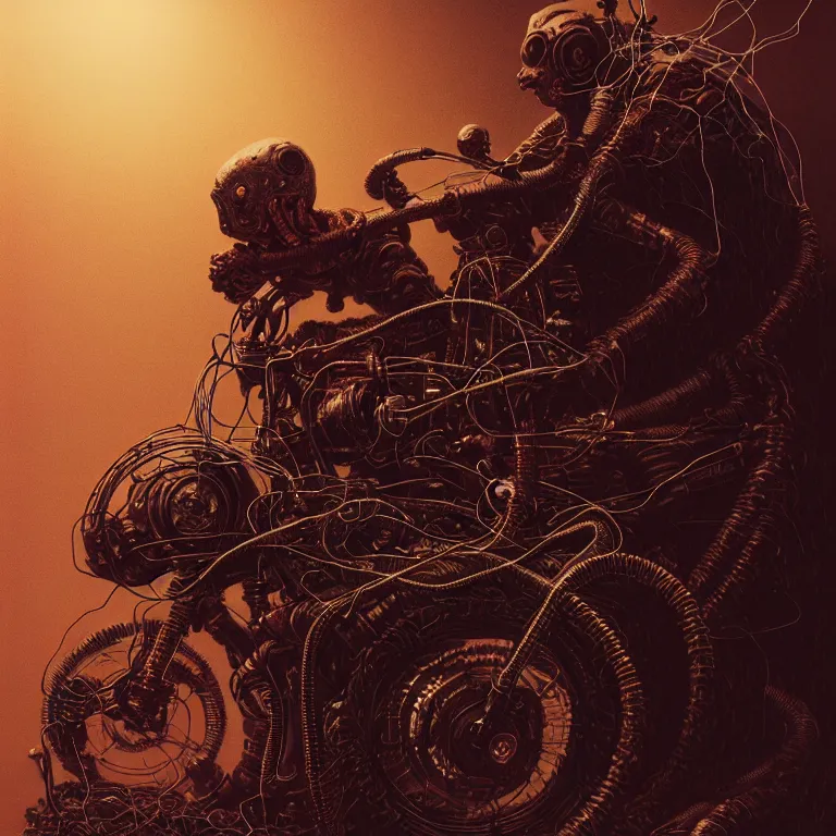 Prompt: doom motorbiker, covered with wires, by beksinski, psychedelic trippy visionary art, soft bloom lucid dream - like atmosphere, baroque painting, perfect composition, detailed octane render trending on artstation, 8 k artistic photography, volumetric cinematic perfect light, chiaroscuro, masterpiece, raphael, caravaggio, beksinski, rutkowski, beeple