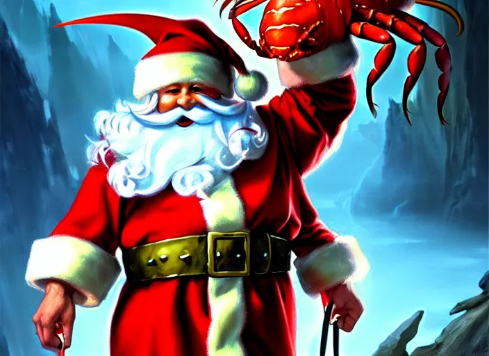 Image similar to magic : the gathering fantasy character concept art of the great anthropomorphic lobster wearing santa outfit by franz frazetta, high resolution. a clear portrait of powerful lobster santa, magical christmas fantasy in background, fantasy coloring, intricate, digital painting, artstation, smooth, sharp focus