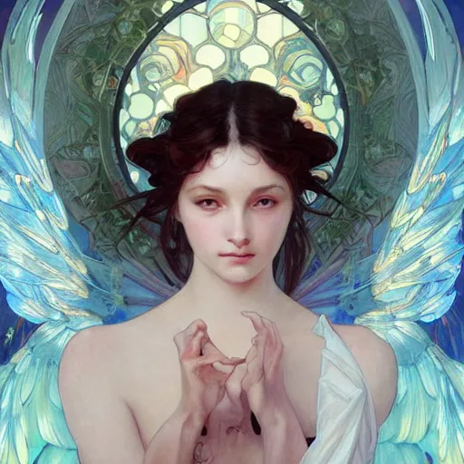 Image similar to a beautiful painting of a beautiful angel by ross tran!! and alphonse mucha and greg rutkowski! and gustav dore! and artgerm!!, in style of digital art illustration. symmetry. highly detailed face. fantasy, smooth, hyper detailed, sharp focus, soft light. trending on artstation. 4 k