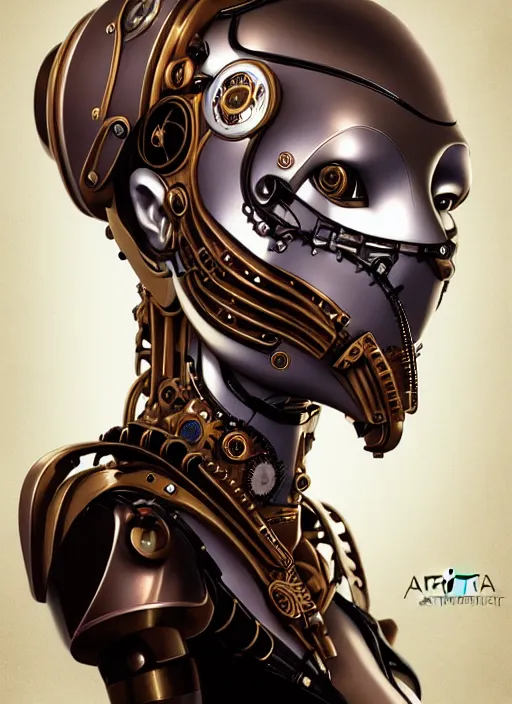 Prompt: portrait of a steampunk robot woman in 1810 by Artgerm, biomechanical, hyper detailled, trending on artstation