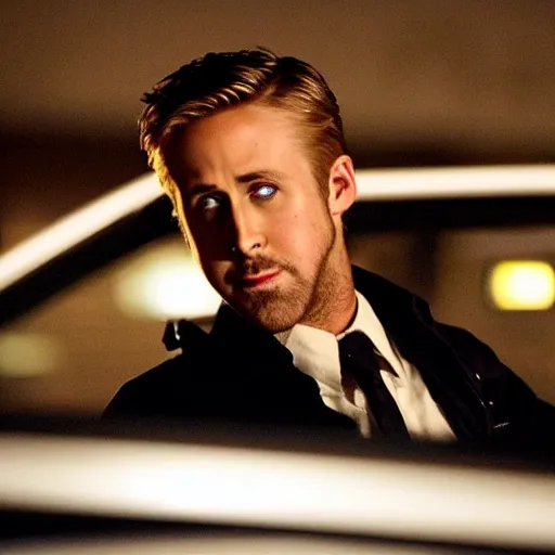 Prompt: Ryan gosling in Drive (2011) holding a baseball bat on his left hand and a goose mask on his right hand, grain, night, illuminated by a street light, atmospheric