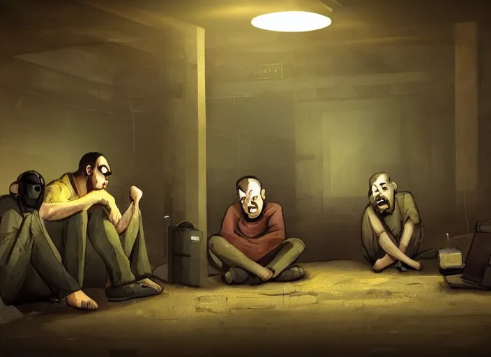 Image similar to several depressed men sit in a dark basement lit by a computer screen, artstation, messy basement background, doom, heads in hands