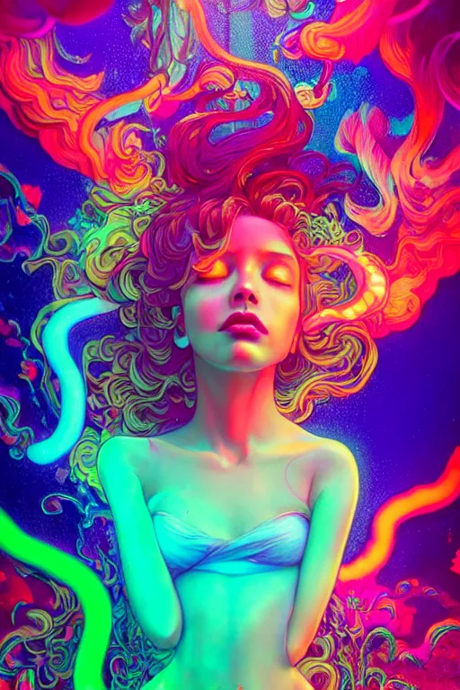 Image similar to a gorgeous woman engulfed in colorful liquid clouds and neon smoke, extremely psychedelic experience, psilocybin, dmt, lsd face, highly detailed, artstation, concept art, blue background, digital art by hana yata, and artem demura and beeple, alphonse mucha, octane render, unreal engine, 8 k