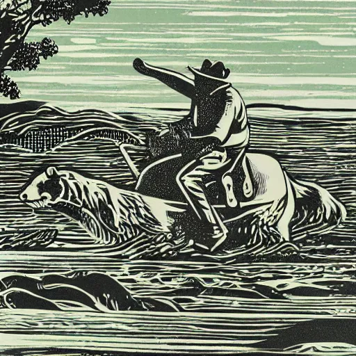 Image similar to a sea otter rancher riding on horseback, linocut print